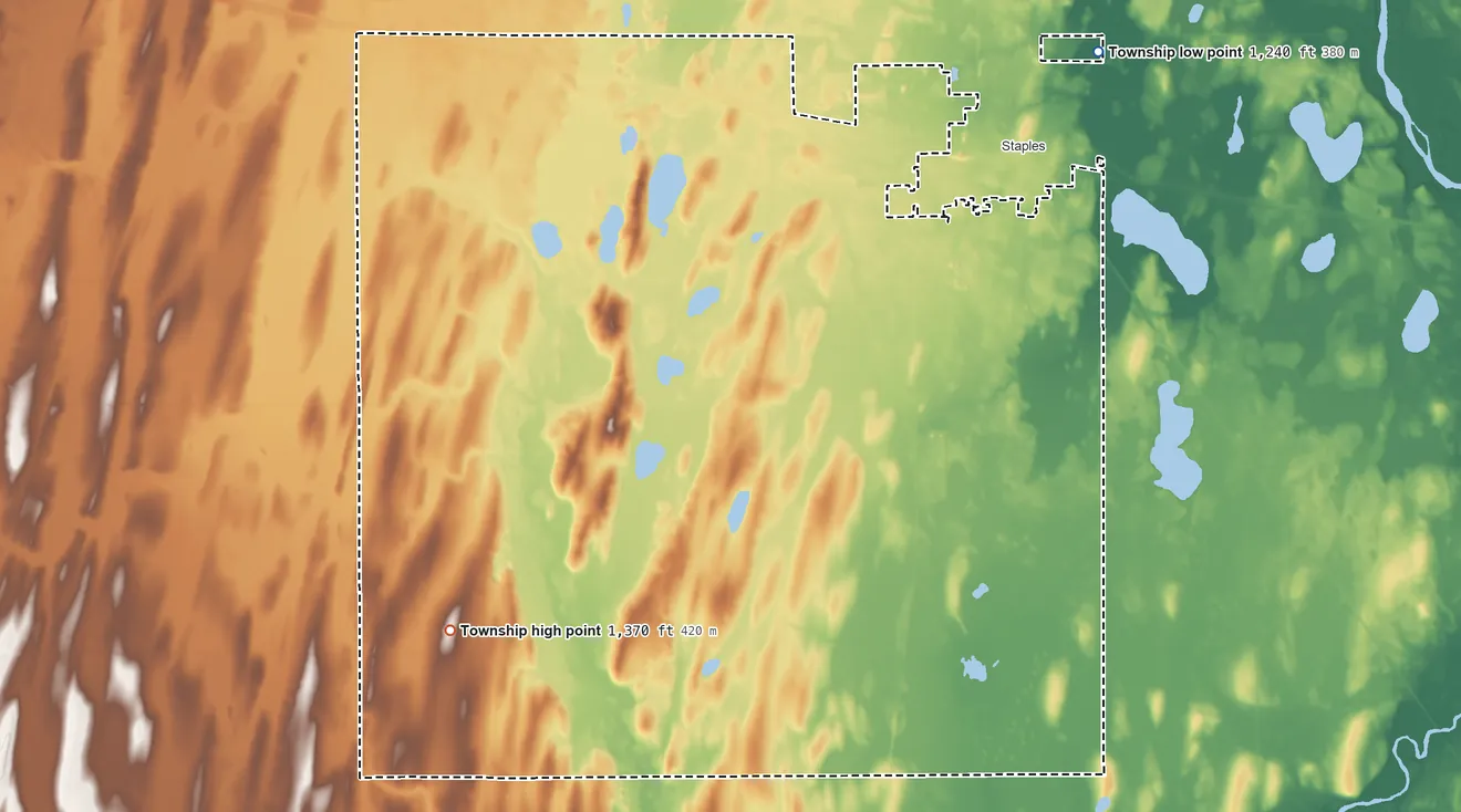 Topographic elevation map of Staples Township, Minnesota, shaded from 1,240 ft on the northeast side to 1,370 ft on the southwest side