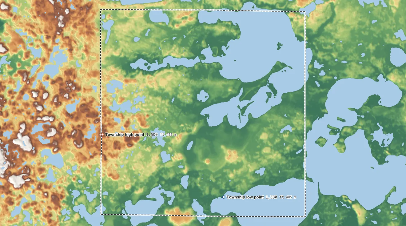 Topographic elevation map of Star Lake Township, Minnesota, shaded from 1,330 ft on the south side to 1,500 ft on the west side
