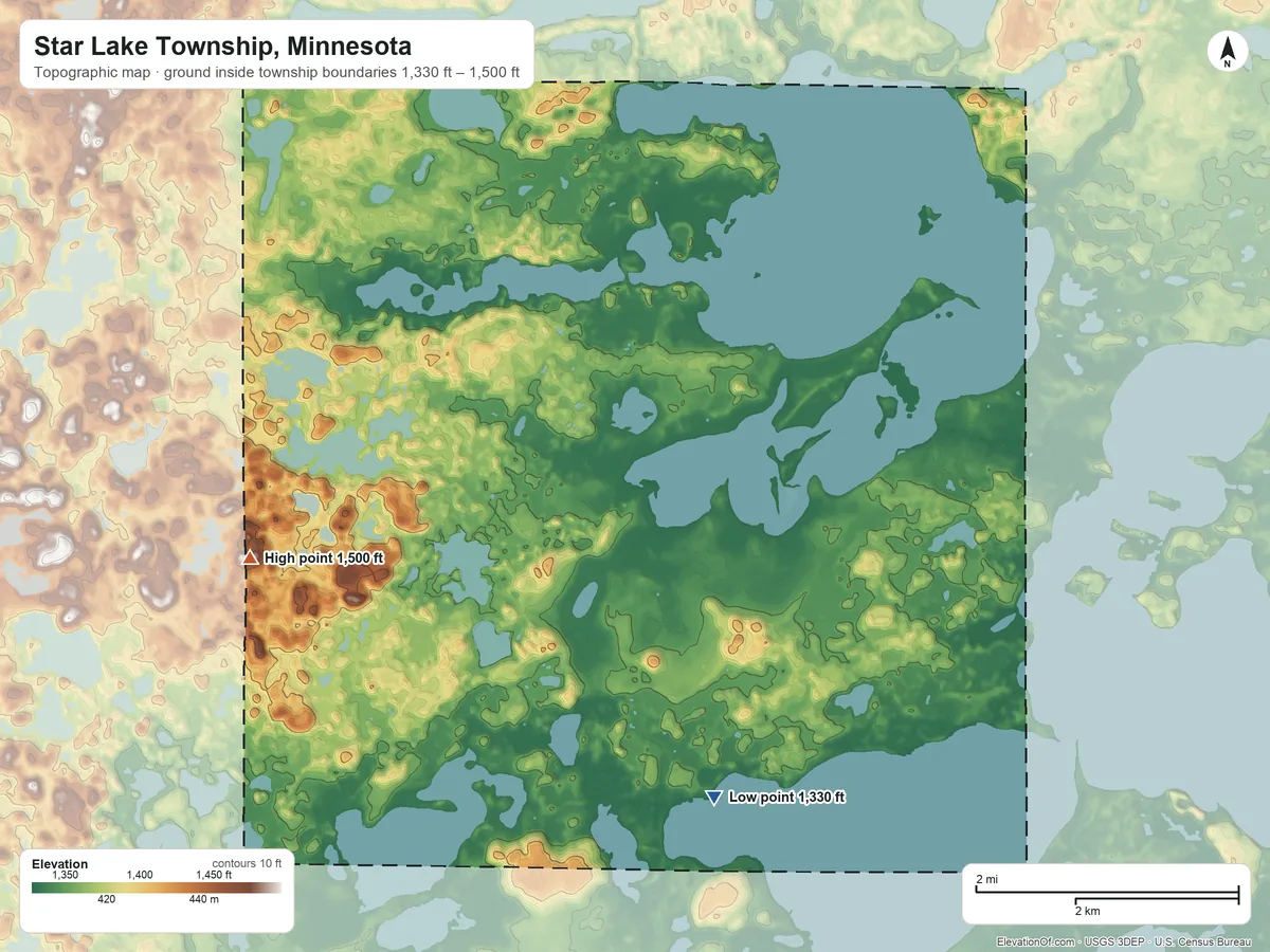 Topographic elevation map of Star Lake Township, Minnesota, shaded from 1,330 ft on the south side to 1,500 ft on the west side