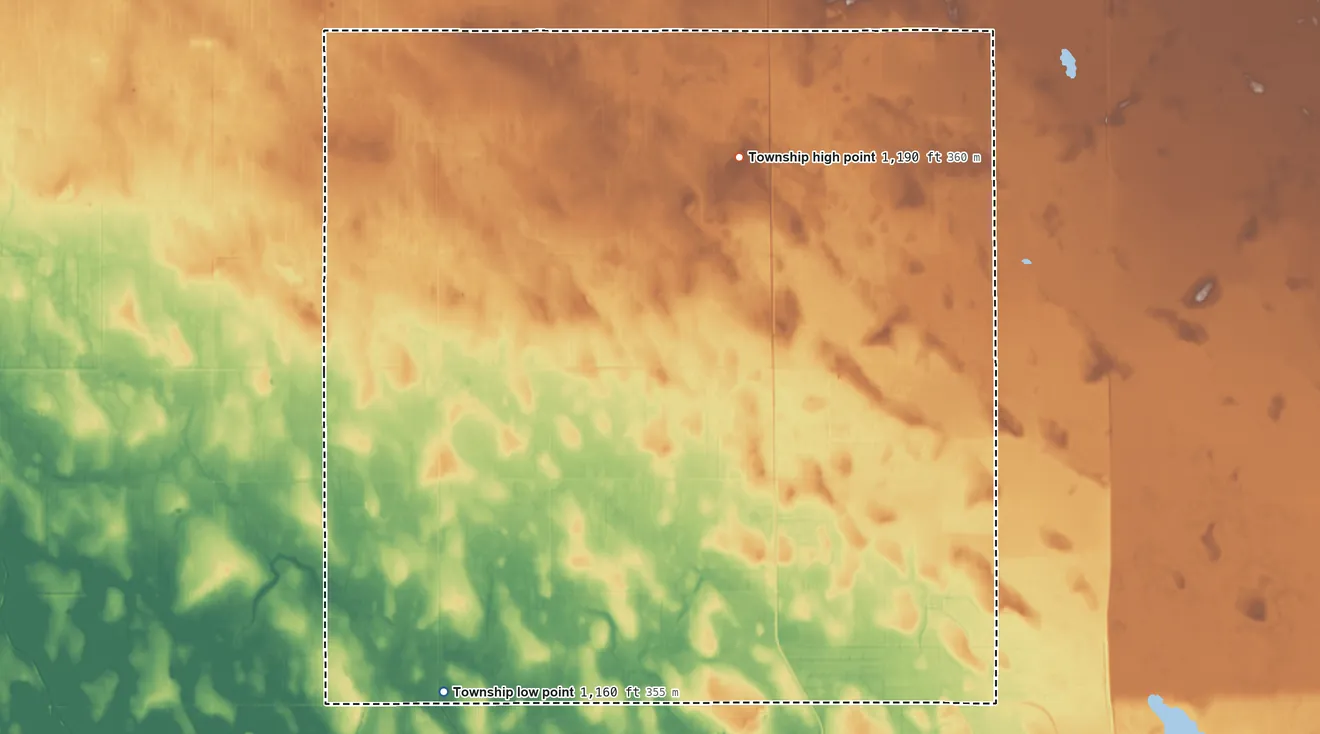 Topographic elevation map of Star Township, Minnesota, shaded from 1,160 ft on the southwest side to 1,190 ft on the northeast side