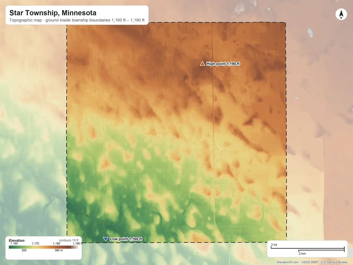 Topographic elevation map of Star Township, Minnesota, shaded from 1,160 ft on the southwest side to 1,190 ft on the northeast side