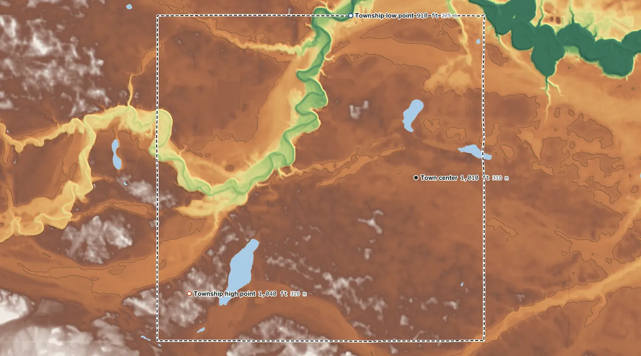 Topographic elevation map of Stark Township, Minnesota, shaded from 910 ft on the north side to 1,040 ft on the southwest side