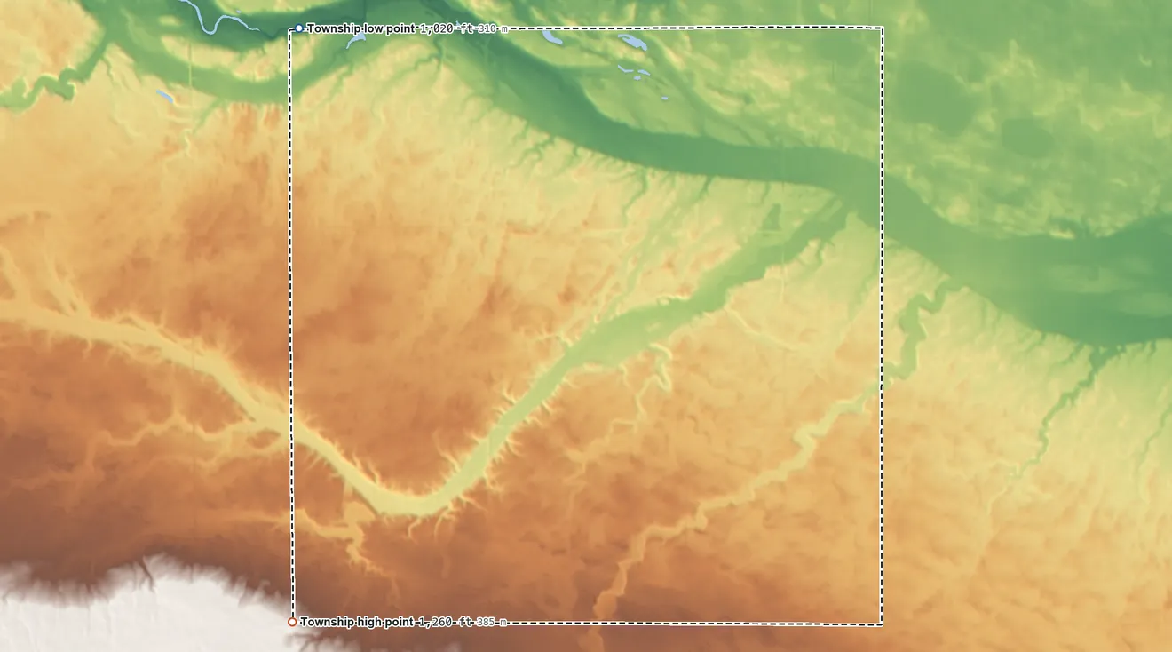 Topographic elevation map of Stately Township, Minnesota, shaded from 1,020 ft on the northwest side to 1,260 ft on the southwest side
