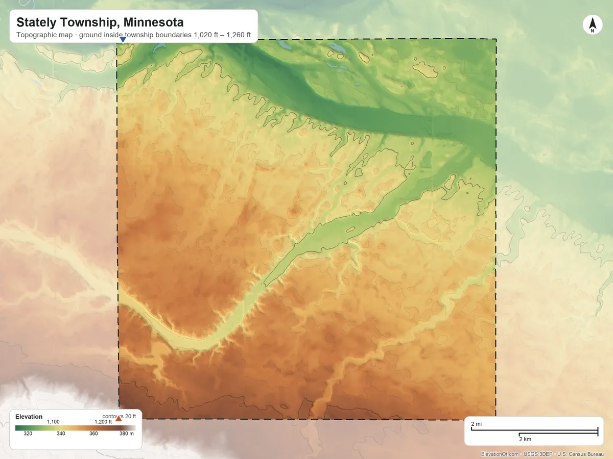 Topographic elevation map of Stately Township, Minnesota, shaded from 1,020 ft on the northwest side to 1,260 ft on the southwest side