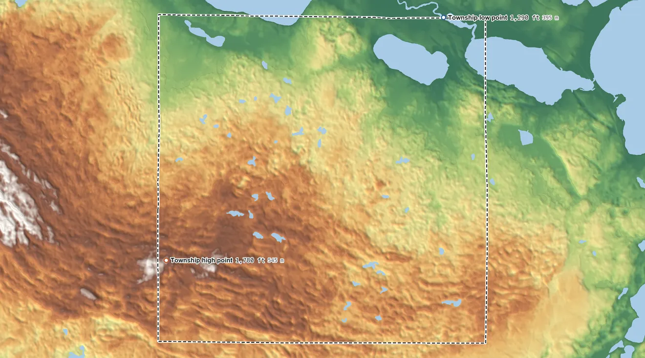Topographic elevation map of Steamboat River Township, Minnesota, shaded from 1,290 ft on the east side to 1,780 ft on the southwest side
