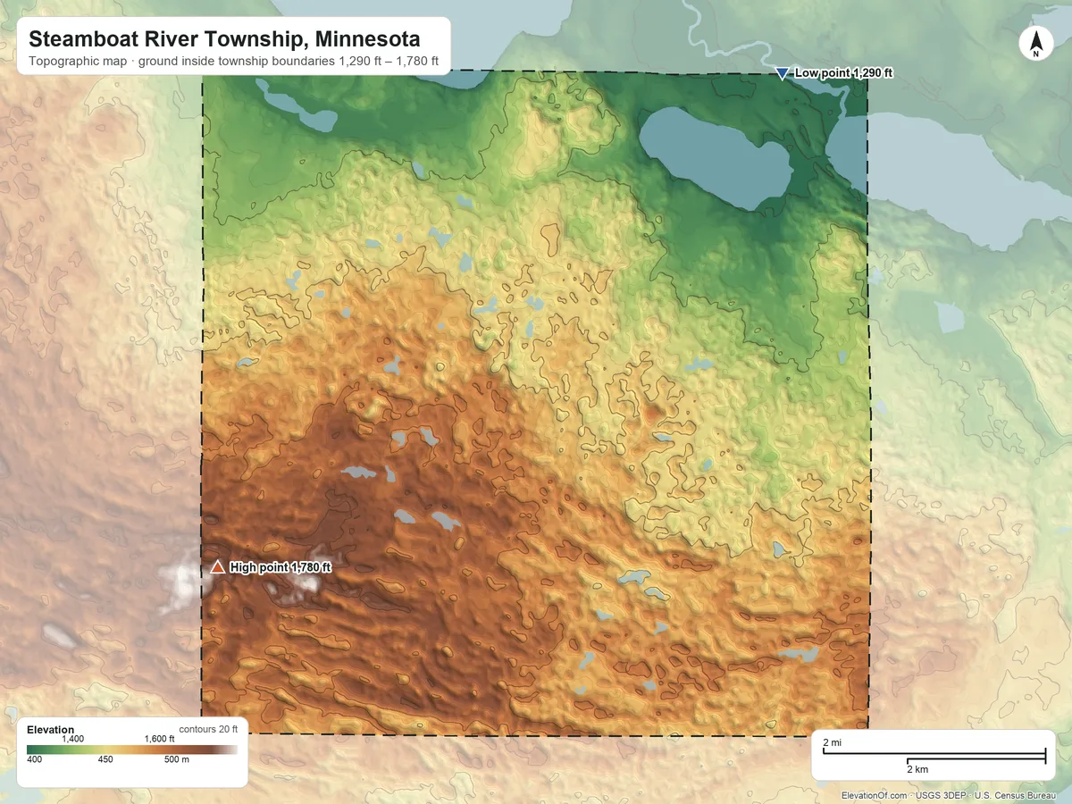 Topographic elevation map of Steamboat River Township, Minnesota, shaded from 1,290 ft on the east side to 1,780 ft on the southwest side
