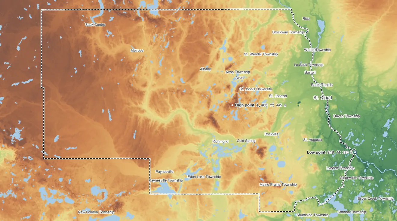 Topographic elevation map of Stearns County, Minnesota, shaded from 940 ft on the east side to 1,460 ft near the middle