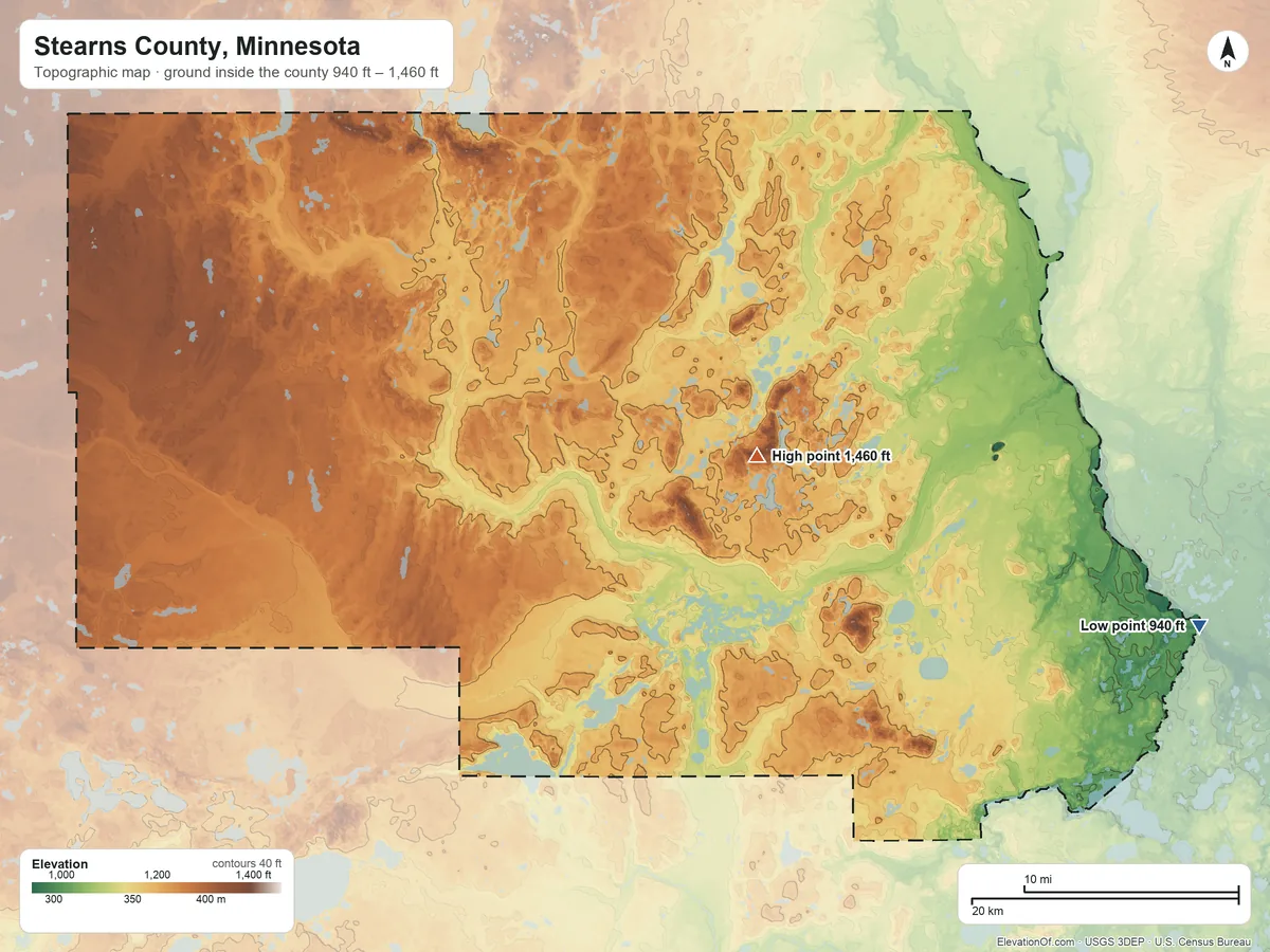 Topographic elevation map of Stearns County, Minnesota, shaded from 940 ft on the east side to 1,460 ft near the middle