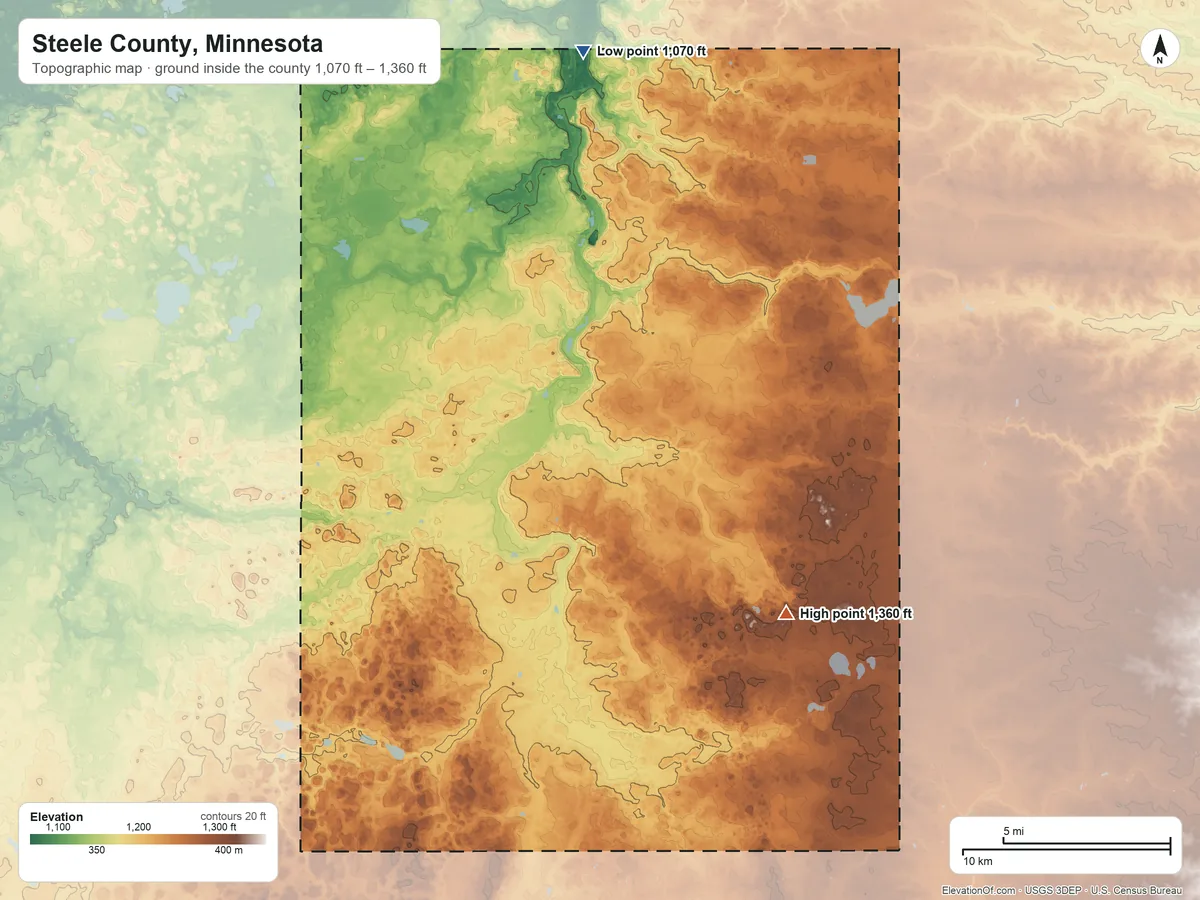 Topographic elevation map of Steele County, Minnesota, shaded from 1,070 ft on the north side to 1,360 ft on the southeast side