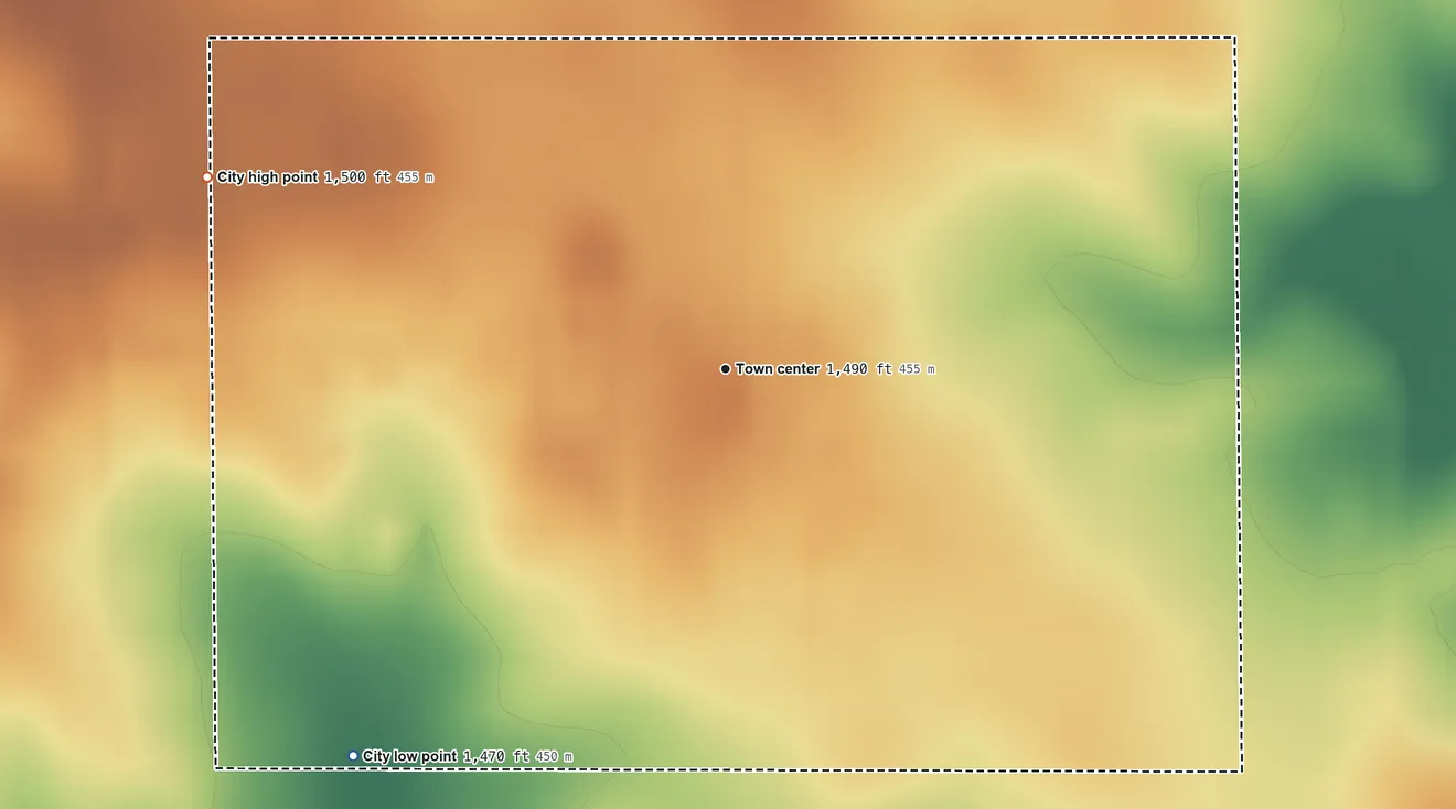 Topographic elevation map of Steen, Minnesota, shaded from 1,470 ft on the southwest side to 1,500 ft on the west side