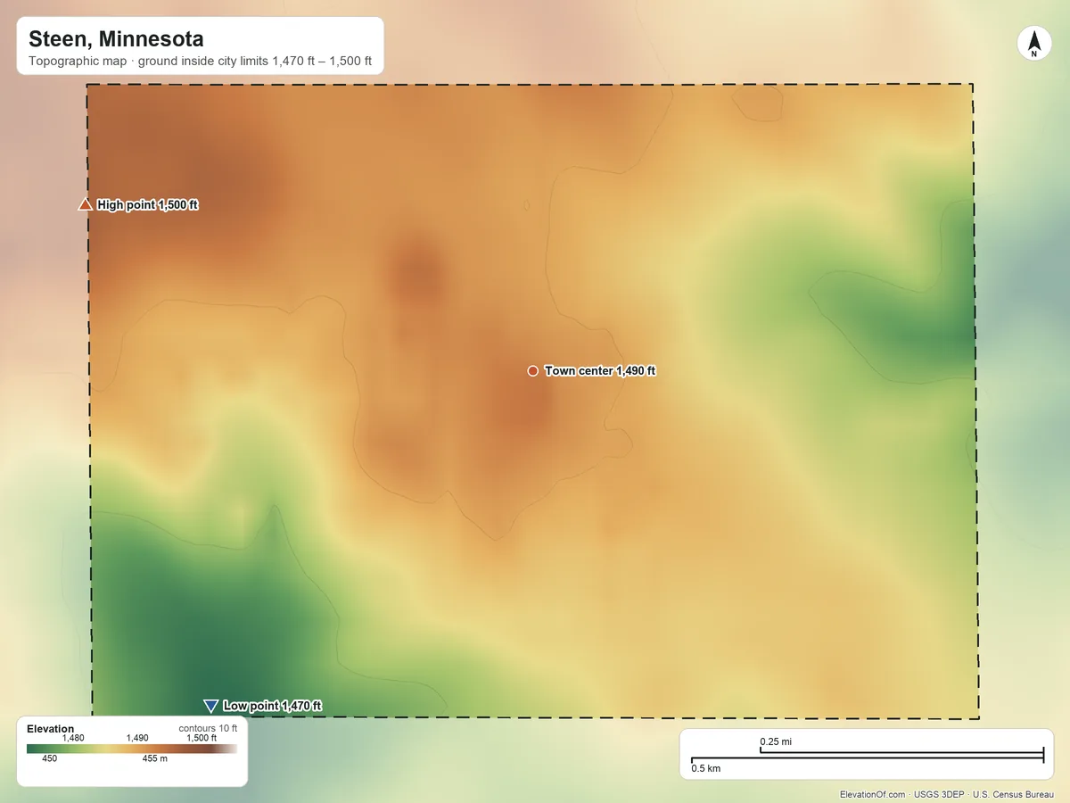 Topographic elevation map of Steen, Minnesota, shaded from 1,470 ft on the southwest side to 1,500 ft on the west side