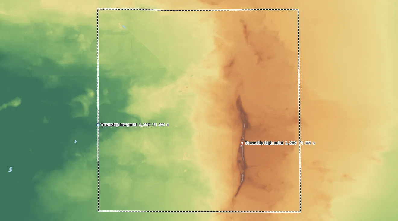 Topographic elevation map of Steenerson Township, Minnesota, shaded from 1,210 ft on the west side to 1,260 ft on the southeast side