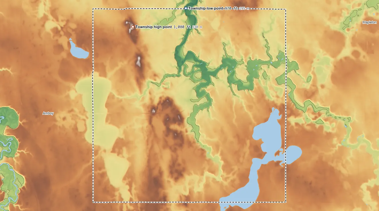 Topographic elevation map of Sterling Township, Minnesota, shaded from 970 ft on the north side to 1,080 ft on the northwest side
