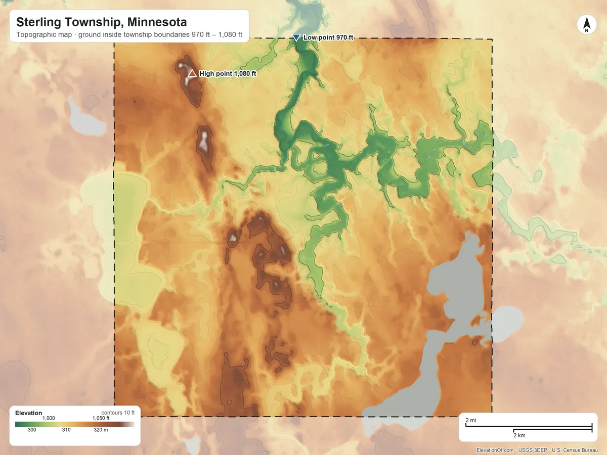 Topographic elevation map of Sterling Township, Minnesota, shaded from 970 ft on the north side to 1,080 ft on the northwest side