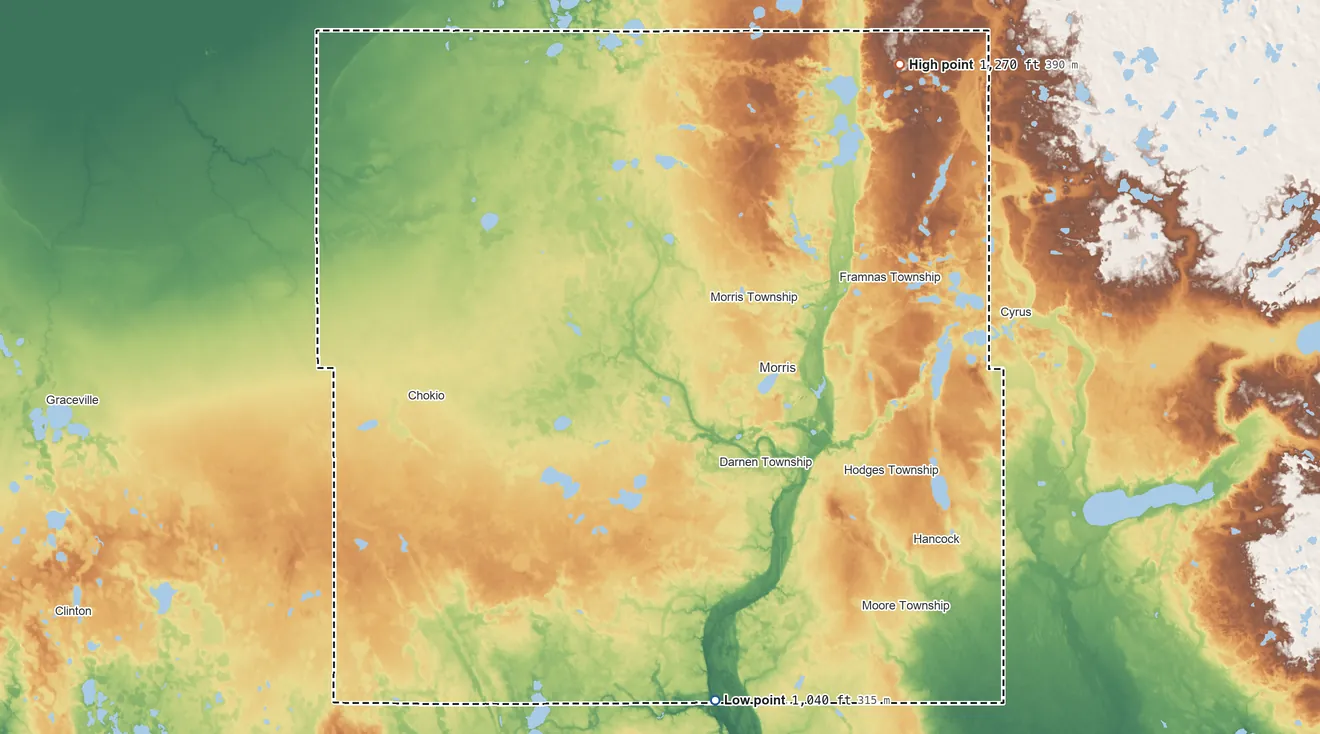 Topographic elevation map of Stevens County, Minnesota, shaded from 1,040 ft on the south side to 1,270 ft on the northeast side
