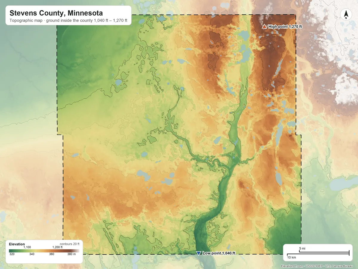 Topographic elevation map of Stevens County, Minnesota, shaded from 1,040 ft on the south side to 1,270 ft on the northeast side