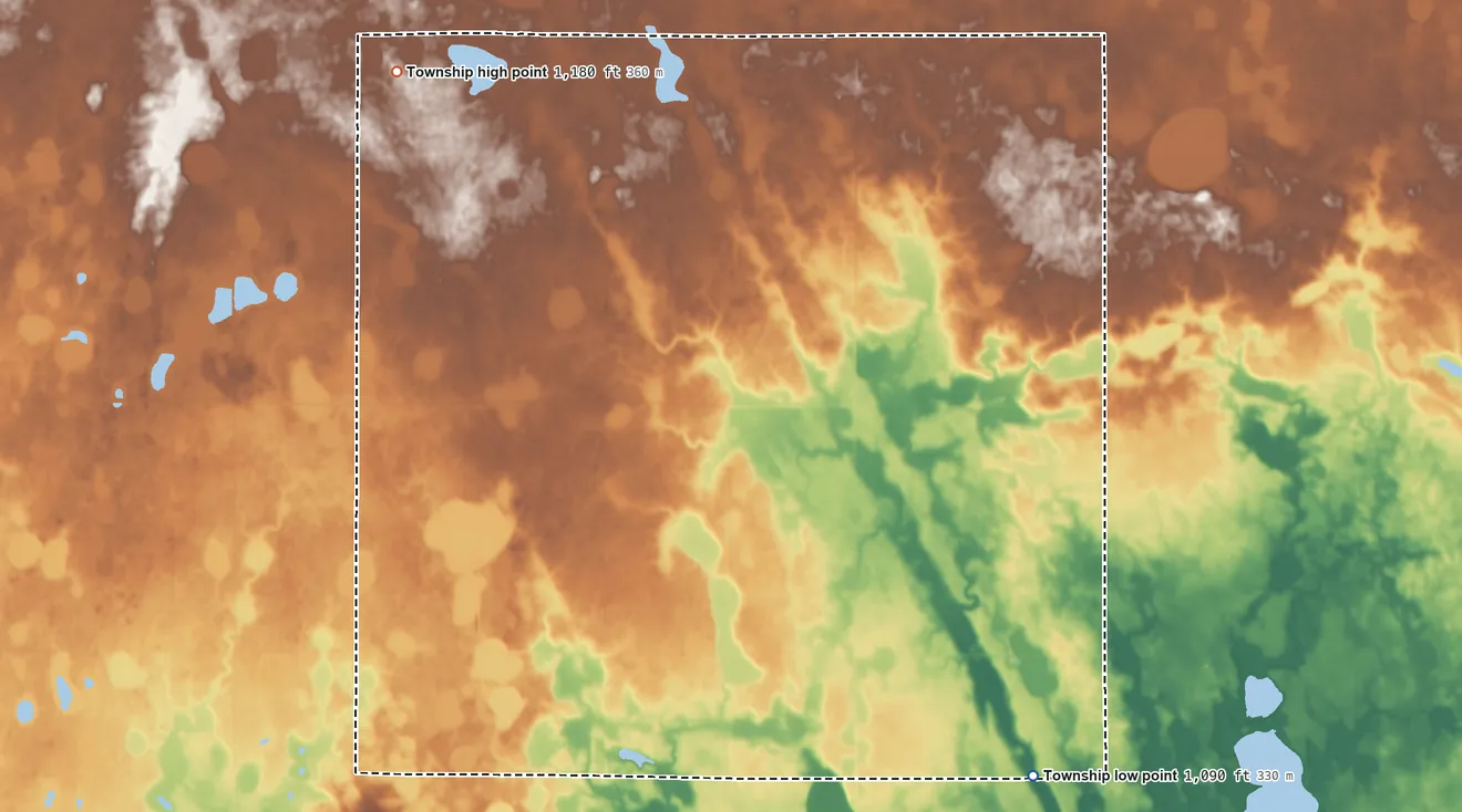 Topographic elevation map of Stevens Township, Minnesota, shaded from 1,090 ft on the southeast side to 1,180 ft on the northwest side