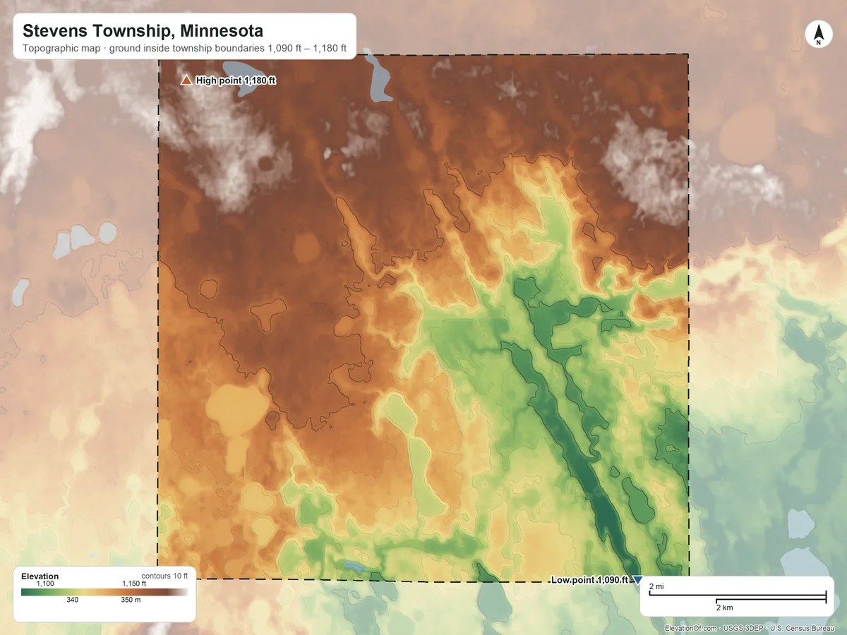 Topographic elevation map of Stevens Township, Minnesota, shaded from 1,090 ft on the southeast side to 1,180 ft on the northwest side