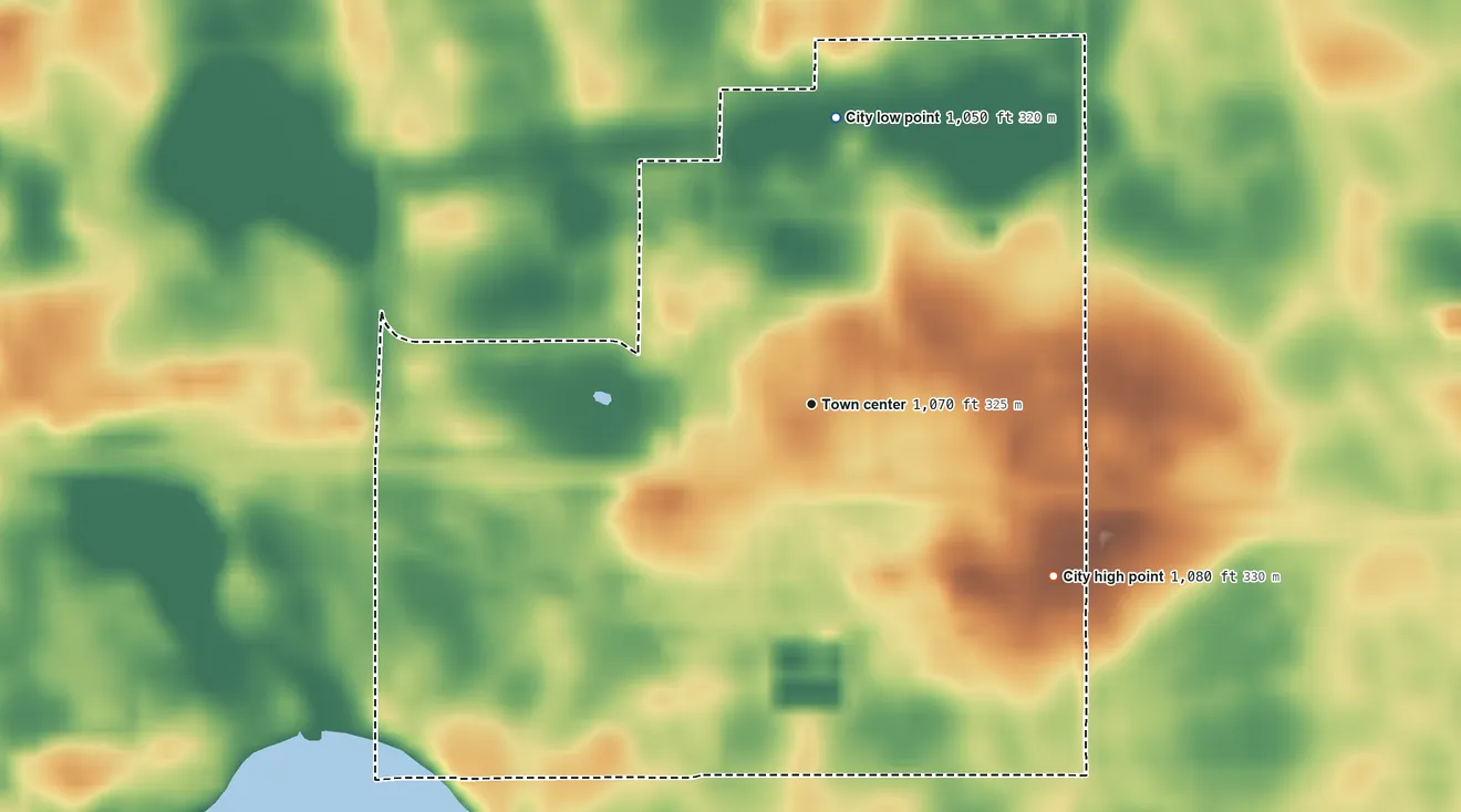 Topographic elevation map of Stewart, Minnesota, shaded from 1,050 ft on the north side to 1,080 ft on the southeast side
