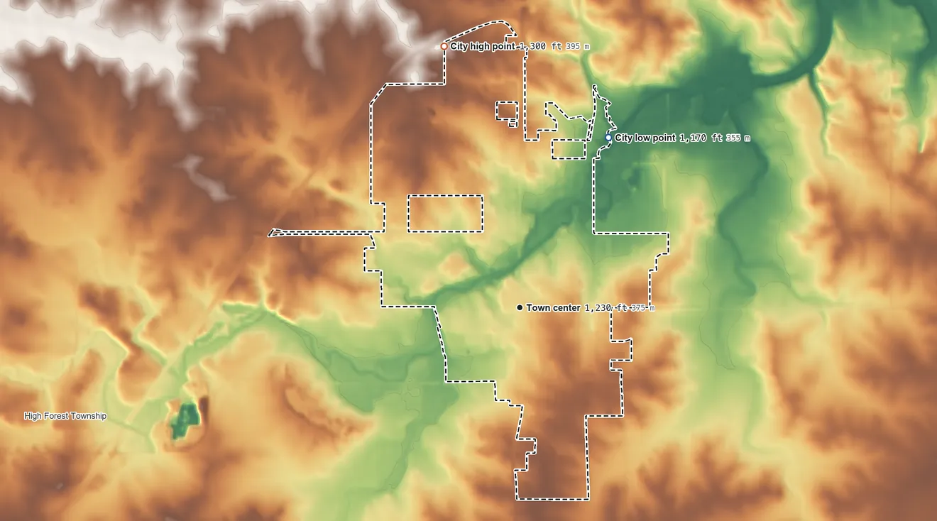 Topographic elevation map of Stewartville, Minnesota, shaded from 1,170 ft on the northeast side to 1,300 ft on the north side