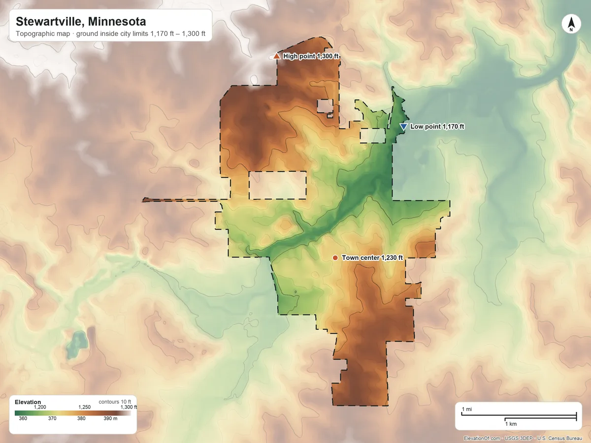 Topographic elevation map of Stewartville, Minnesota, shaded from 1,170 ft on the northeast side to 1,300 ft on the north side