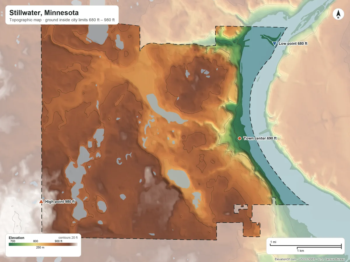 Topographic elevation map of Stillwater, Minnesota, shaded from 680 ft on the north side to 980 ft on the west side