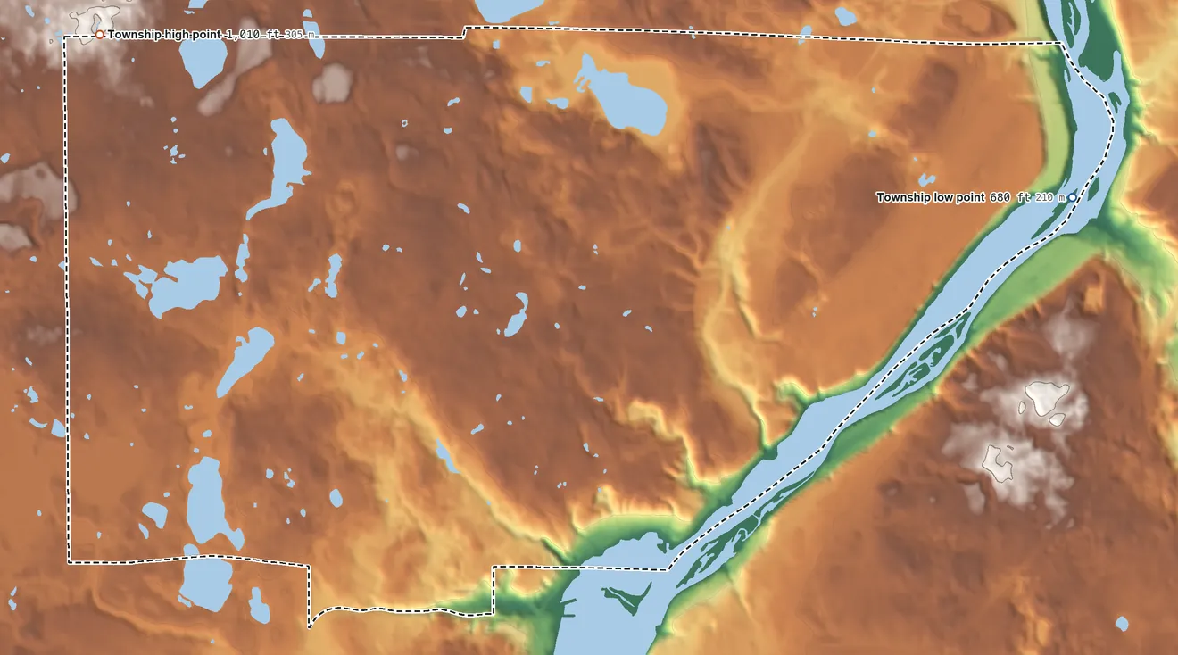 Topographic elevation map of Stillwater Township, Minnesota, shaded from 680 ft on the east side to 1,010 ft on the northwest side