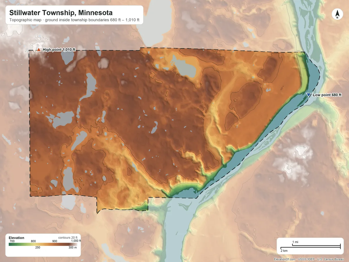 Topographic elevation map of Stillwater Township, Minnesota, shaded from 680 ft on the east side to 1,010 ft on the northwest side