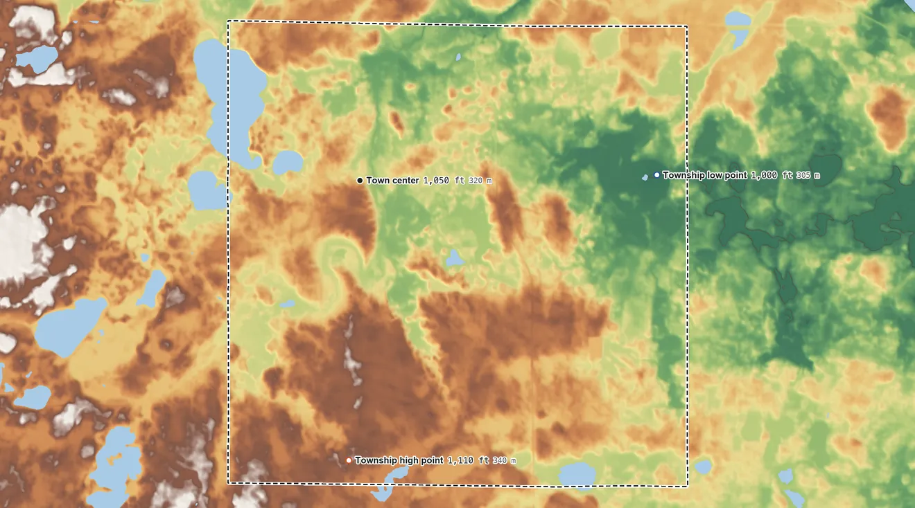 Topographic elevation map of Stockholm Township, Minnesota, shaded from 1,000 ft on the east side to 1,110 ft on the south side