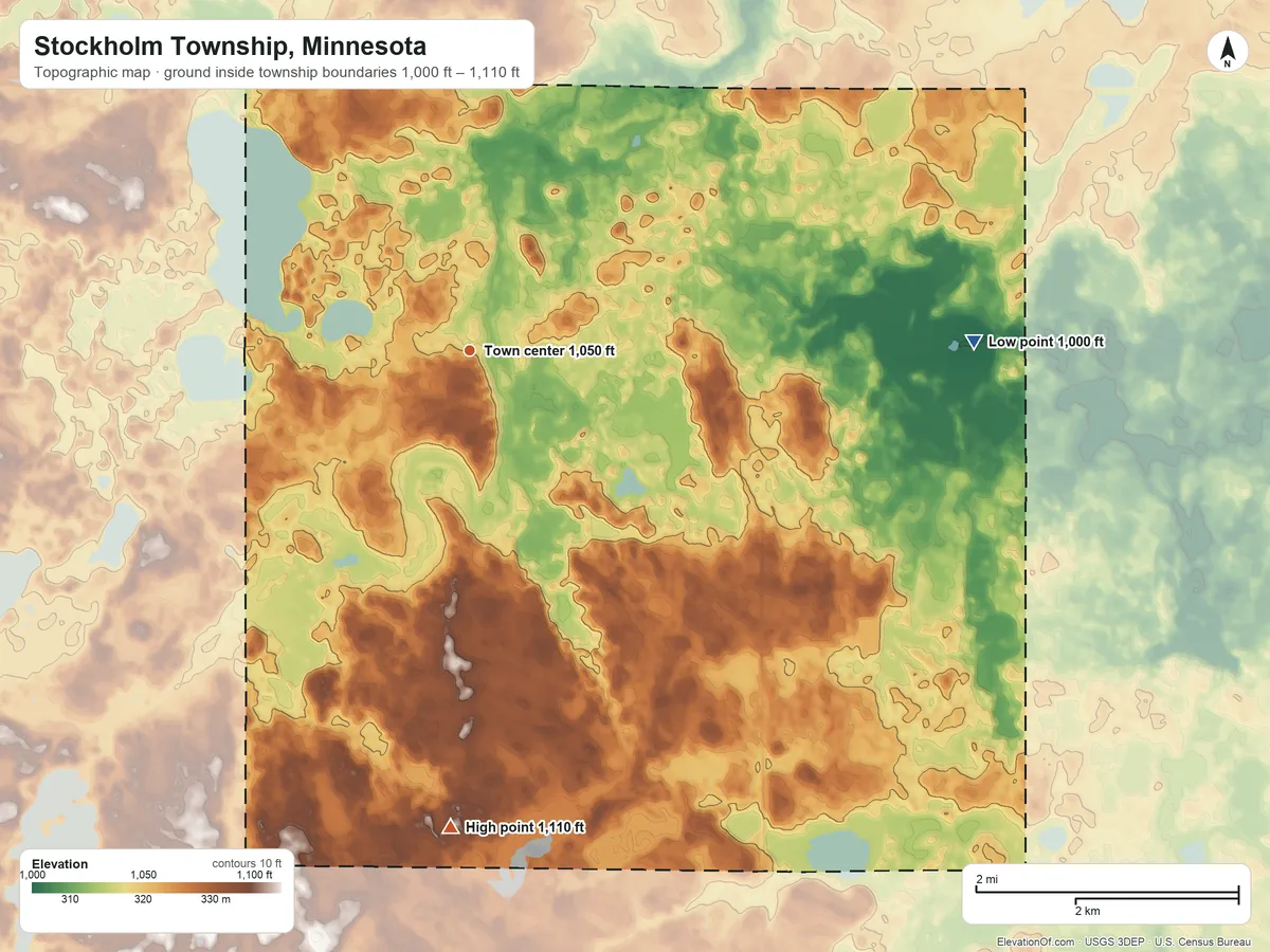 Topographic elevation map of Stockholm Township, Minnesota, shaded from 1,000 ft on the east side to 1,110 ft on the south side