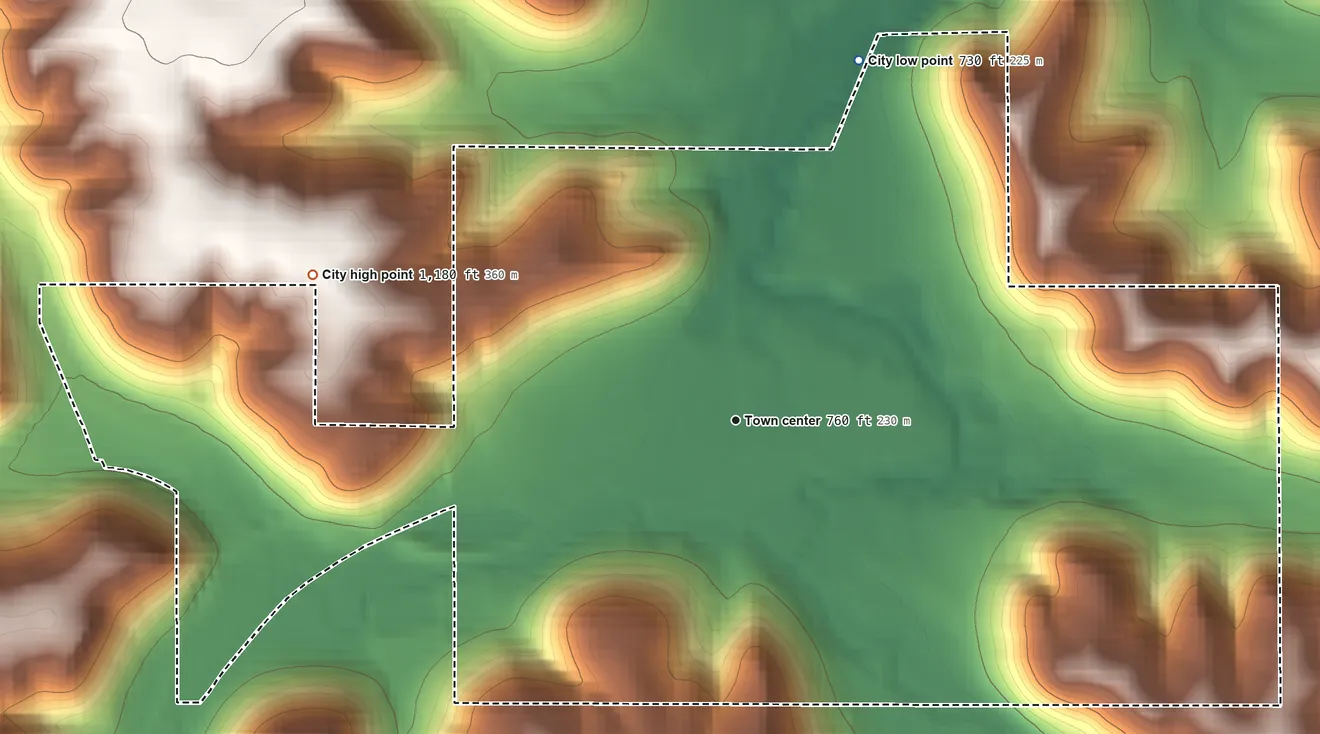 Topographic elevation map of Stockton, Minnesota, shaded from 730 ft on the north side to 1,180 ft on the west side