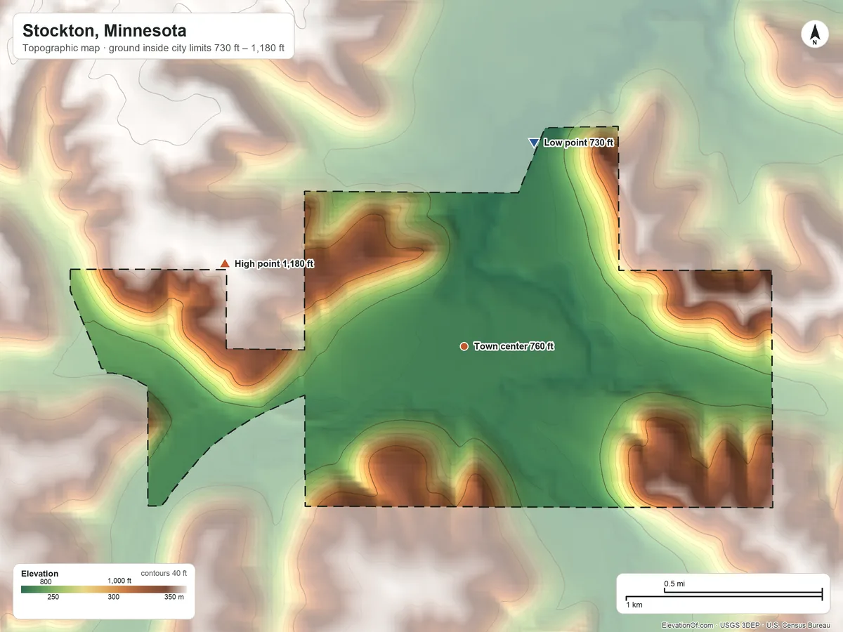 Topographic elevation map of Stockton, Minnesota, shaded from 730 ft on the north side to 1,180 ft on the west side