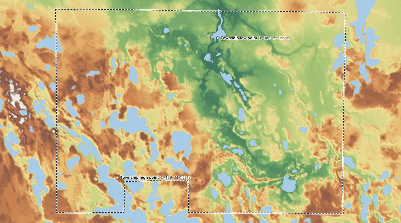 Topographic elevation map of Stokes Township, Itasca County, Minnesota, shaded from 1,300 ft on the northeast side to 1,480 ft on the southwest side