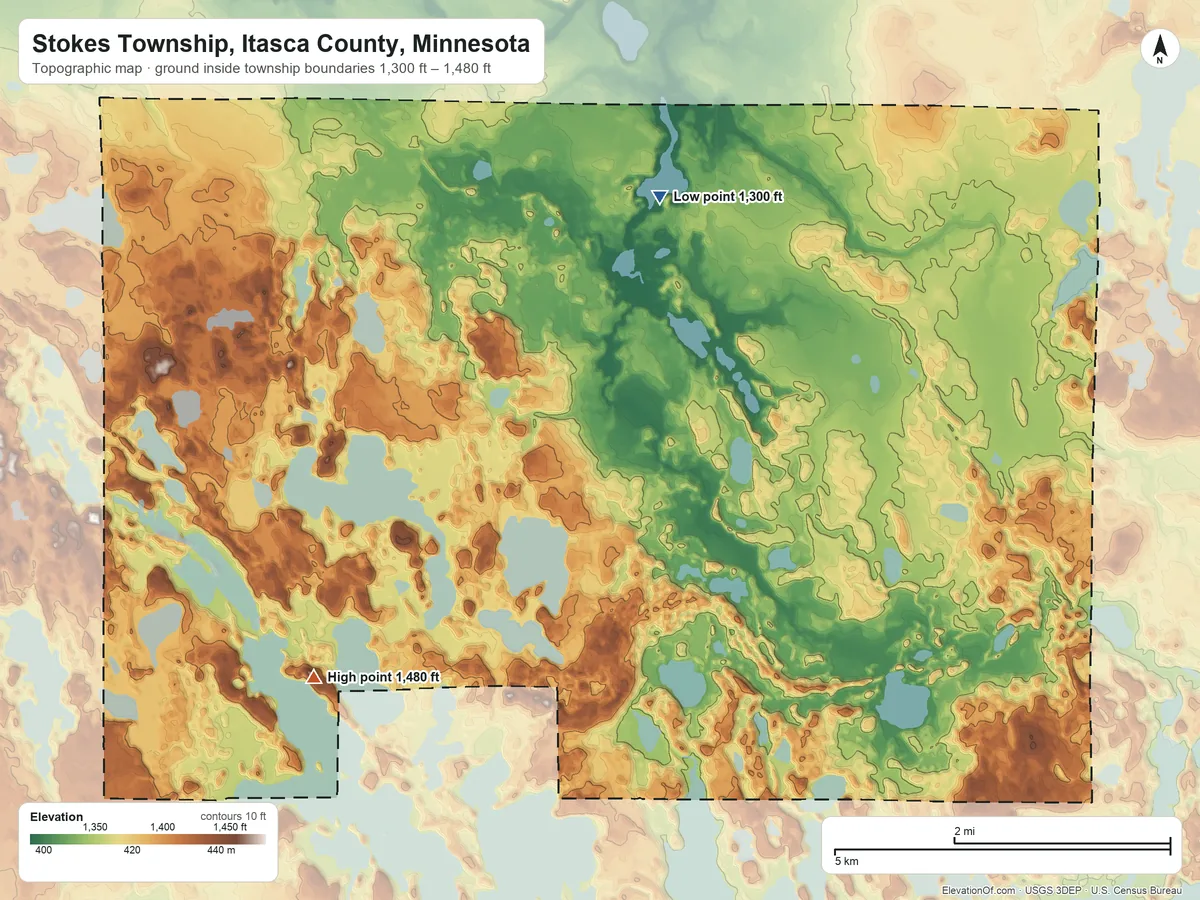 Topographic elevation map of Stokes Township, Itasca County, Minnesota, shaded from 1,300 ft on the northeast side to 1,480 ft on the southwest side