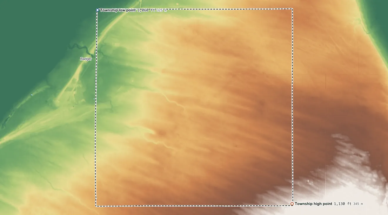 Topographic elevation map of Stokes Township, Minnesota, shaded from 1,060 ft on the northwest side to 1,130 ft on the southeast side