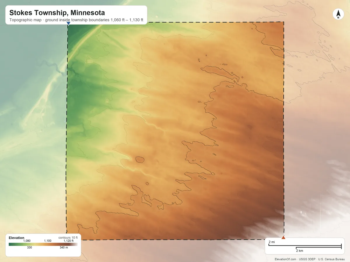 Topographic elevation map of Stokes Township, Minnesota, shaded from 1,060 ft on the northwest side to 1,130 ft on the southeast side