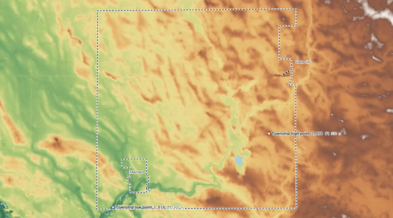 Topographic elevation map of Stoneham Township, Minnesota, shaded from 1,010 ft on the southwest side to 1,090 ft on the east side