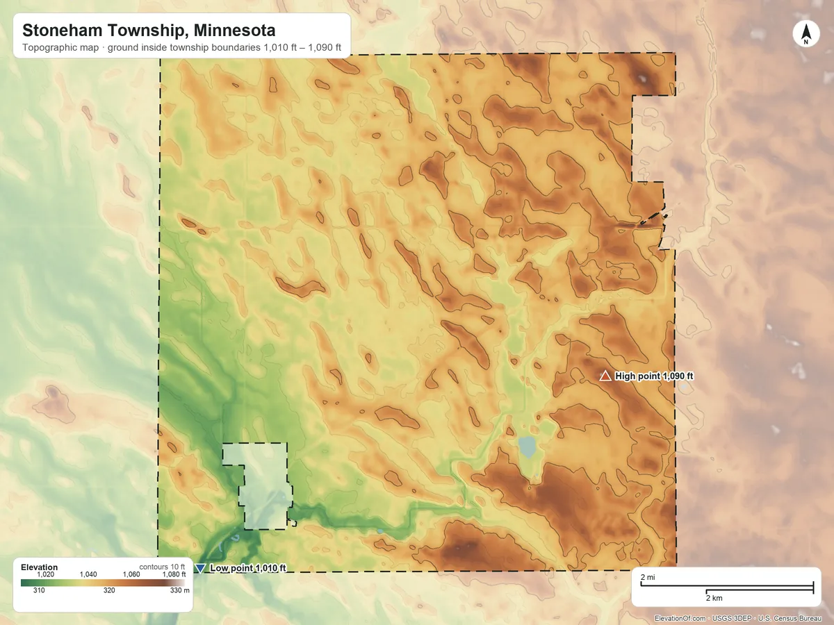 Topographic elevation map of Stoneham Township, Minnesota, shaded from 1,010 ft on the southwest side to 1,090 ft on the east side