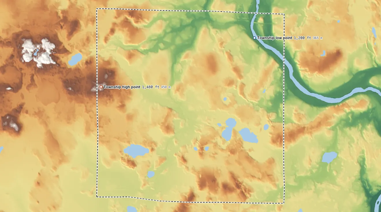 Topographic elevation map of Stoney Brook Township, Minnesota, shaded from 1,200 ft on the northeast side to 1,480 ft on the west side