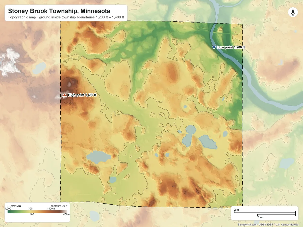 Topographic elevation map of Stoney Brook Township, Minnesota, shaded from 1,200 ft on the northeast side to 1,480 ft on the west side
