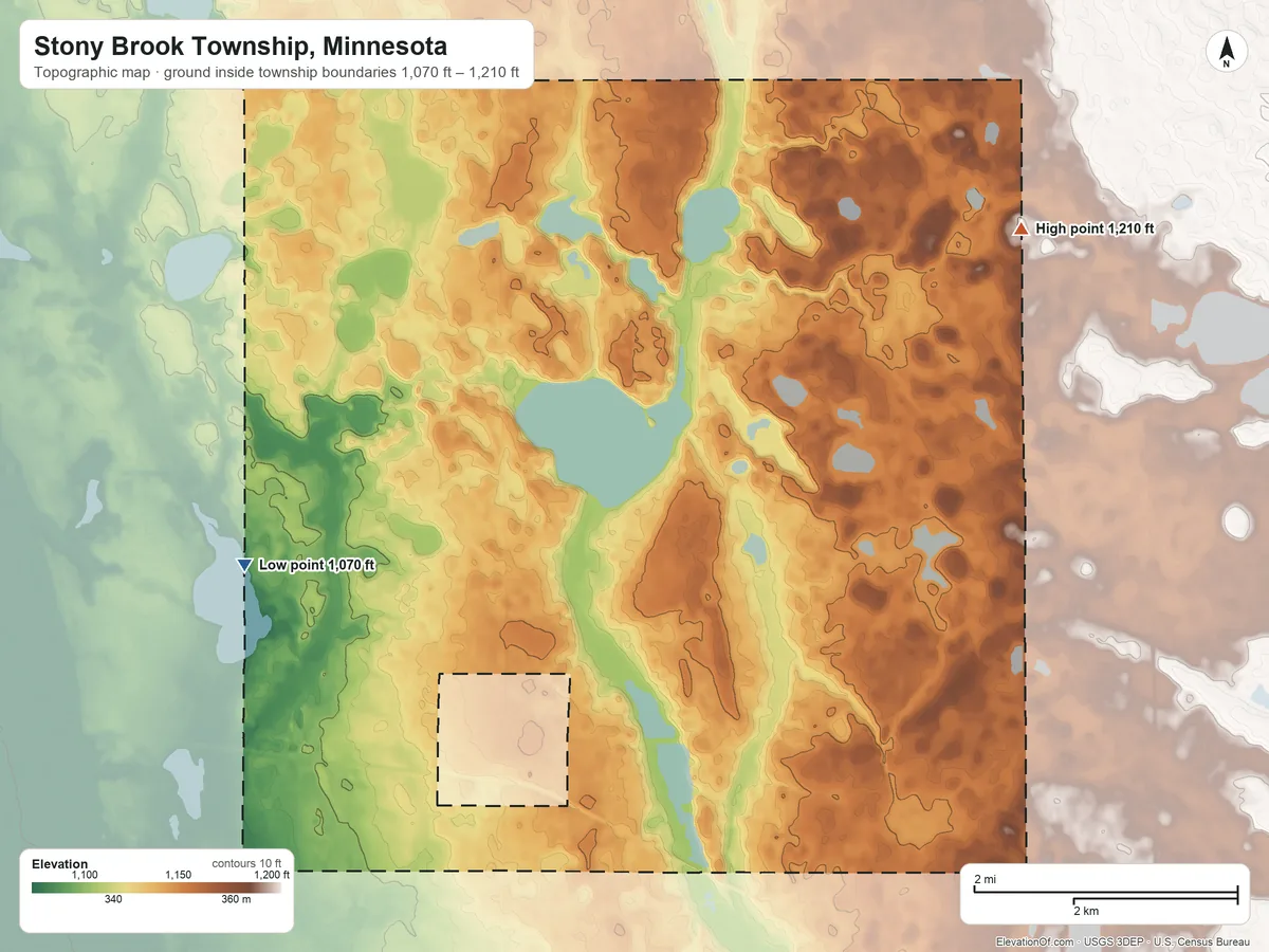 Topographic elevation map of Stony Brook Township, Minnesota, shaded from 1,070 ft on the southwest side to 1,210 ft on the east side