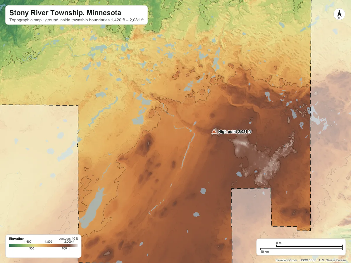 Topographic elevation map of Stony River Township, Minnesota, shaded from 1,420 ft on the northwest side to 2,081 ft on Stony Tower Hill