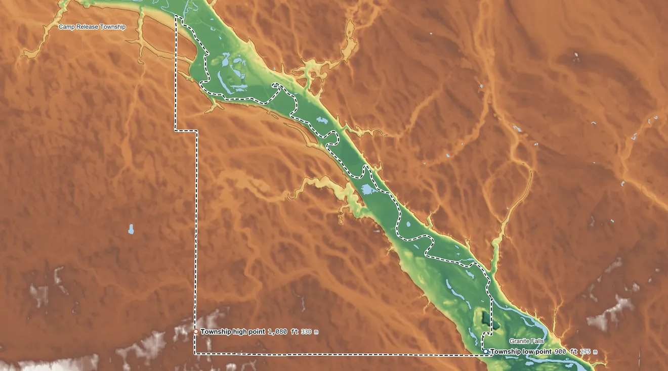 Topographic elevation map of Stony Run Township, Minnesota, shaded from 900 ft on the southeast side to 1,080 ft on the southwest side