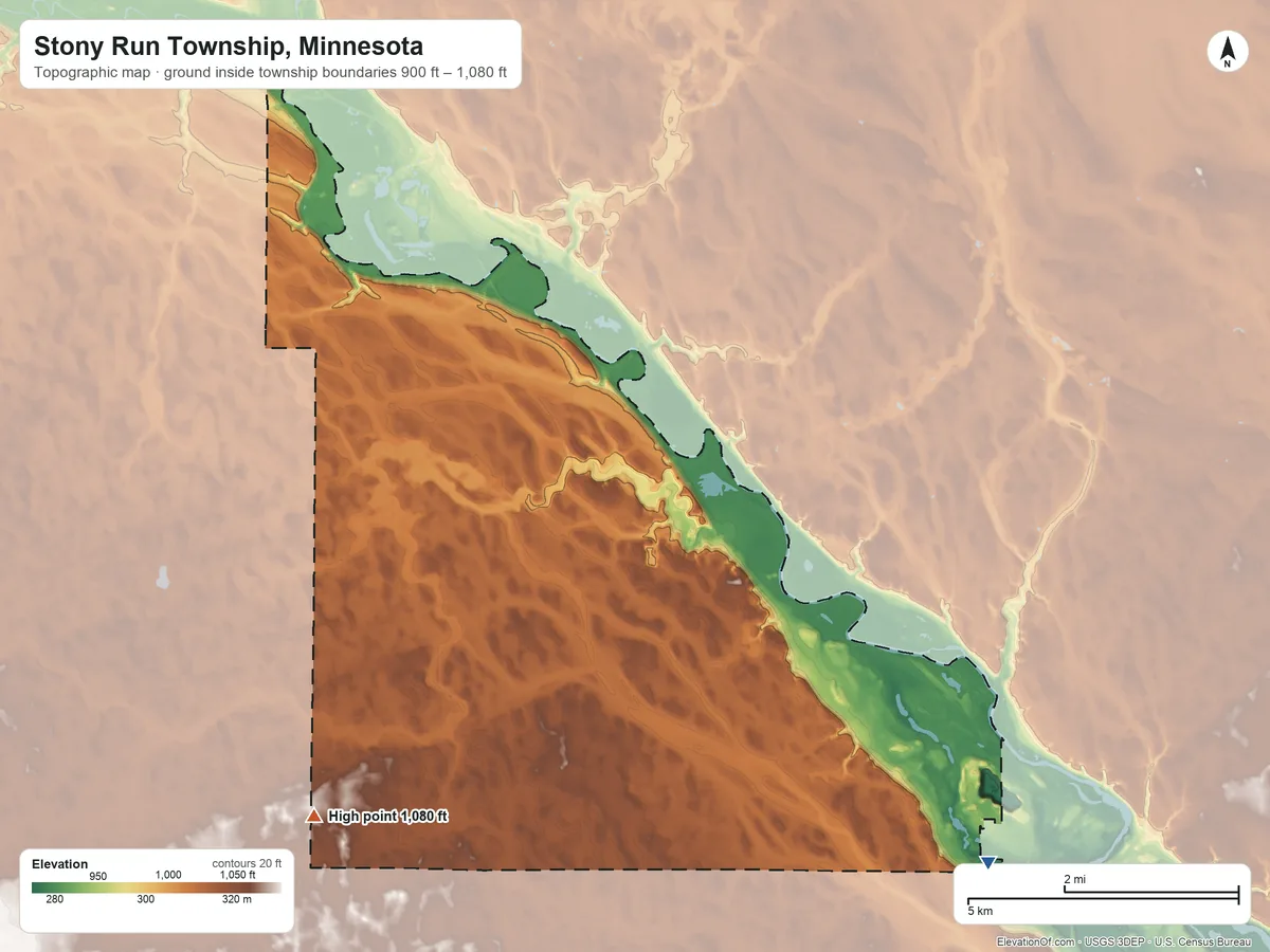 Topographic elevation map of Stony Run Township, Minnesota, shaded from 900 ft on the southeast side to 1,080 ft on the southwest side