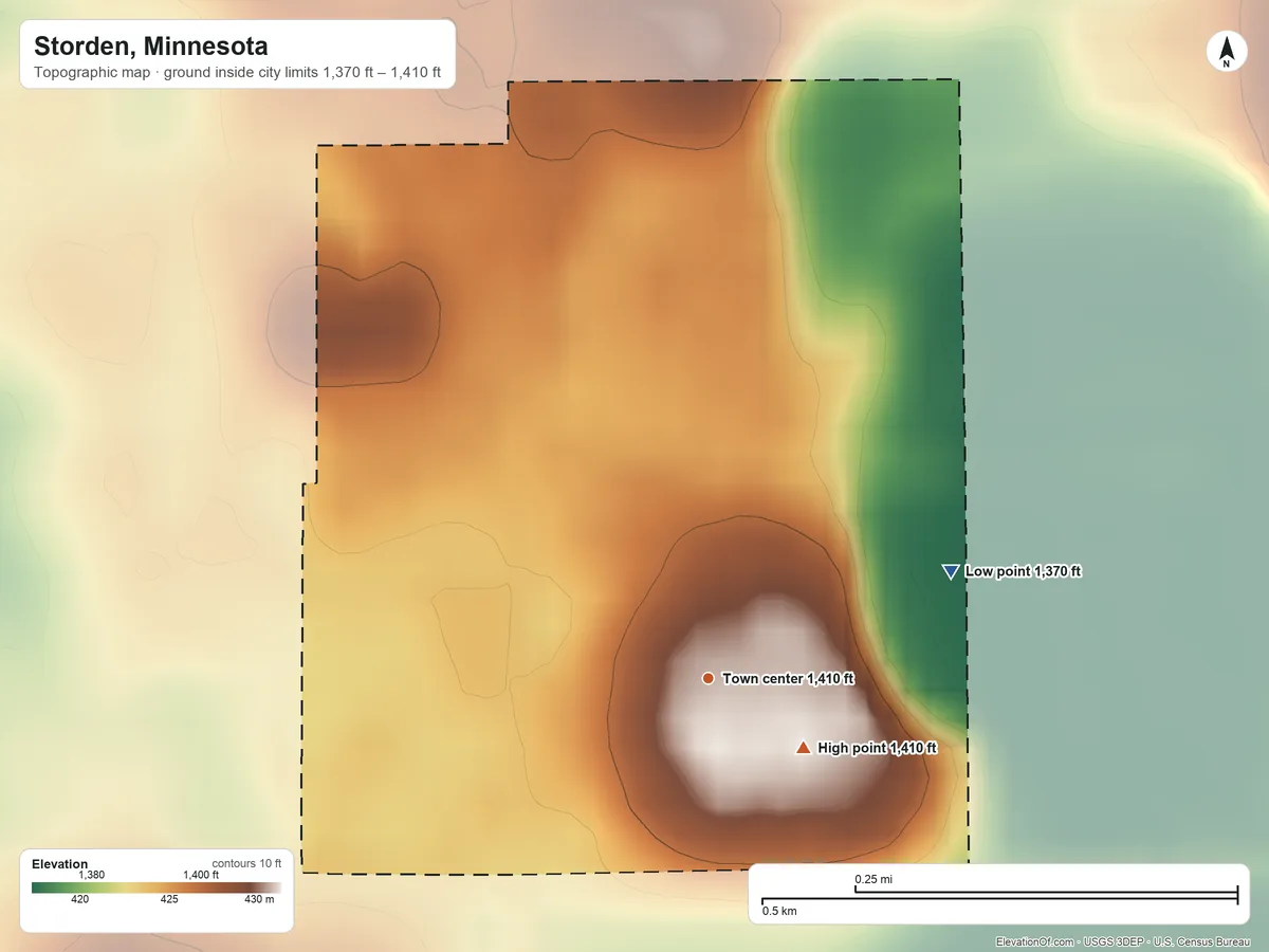 Topographic elevation map of Storden, Minnesota, shaded from 1,370 ft on the northeast side to 1,410 ft on the southeast side