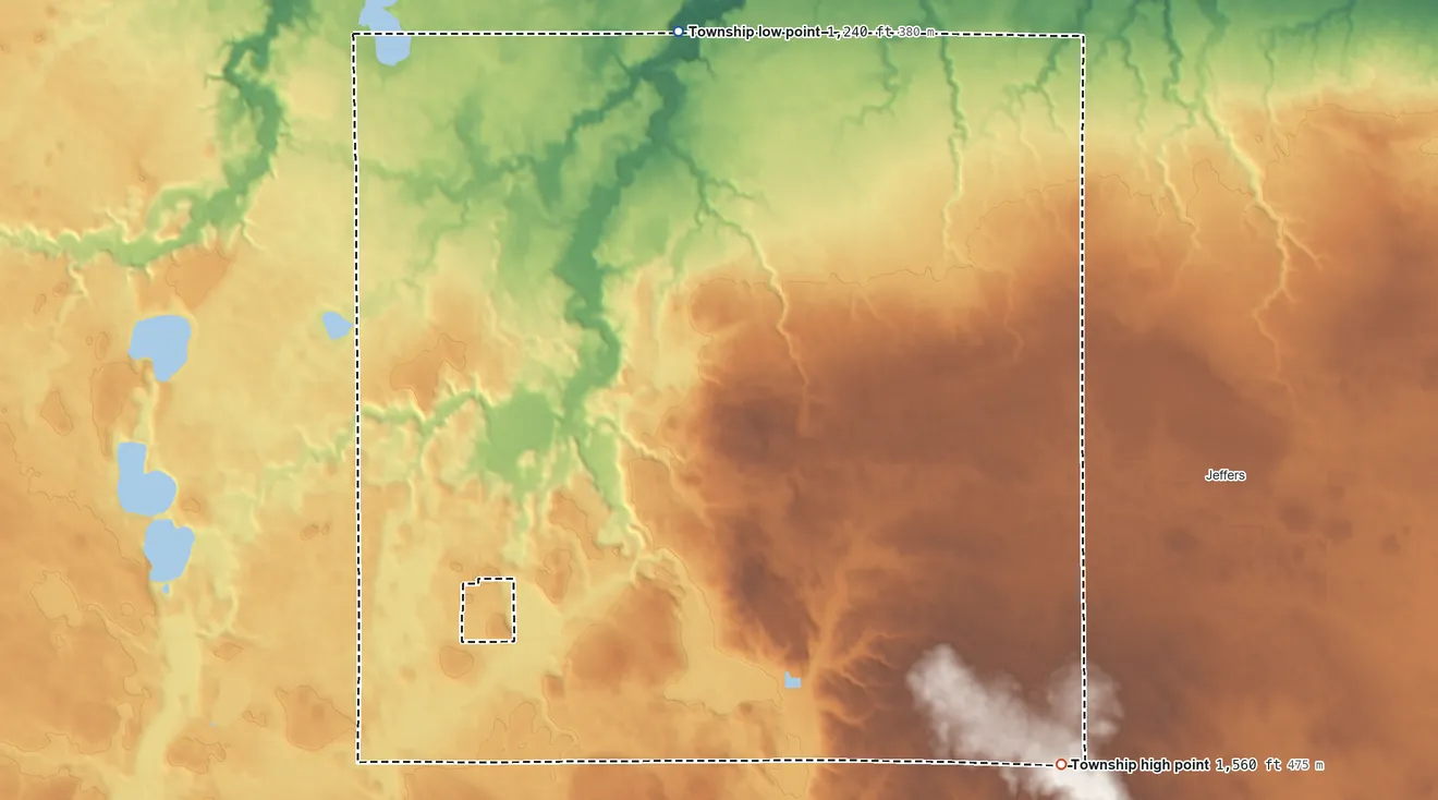 Topographic elevation map of Storden Township, Minnesota, shaded from 1,240 ft on the north side to 1,560 ft on the southeast side