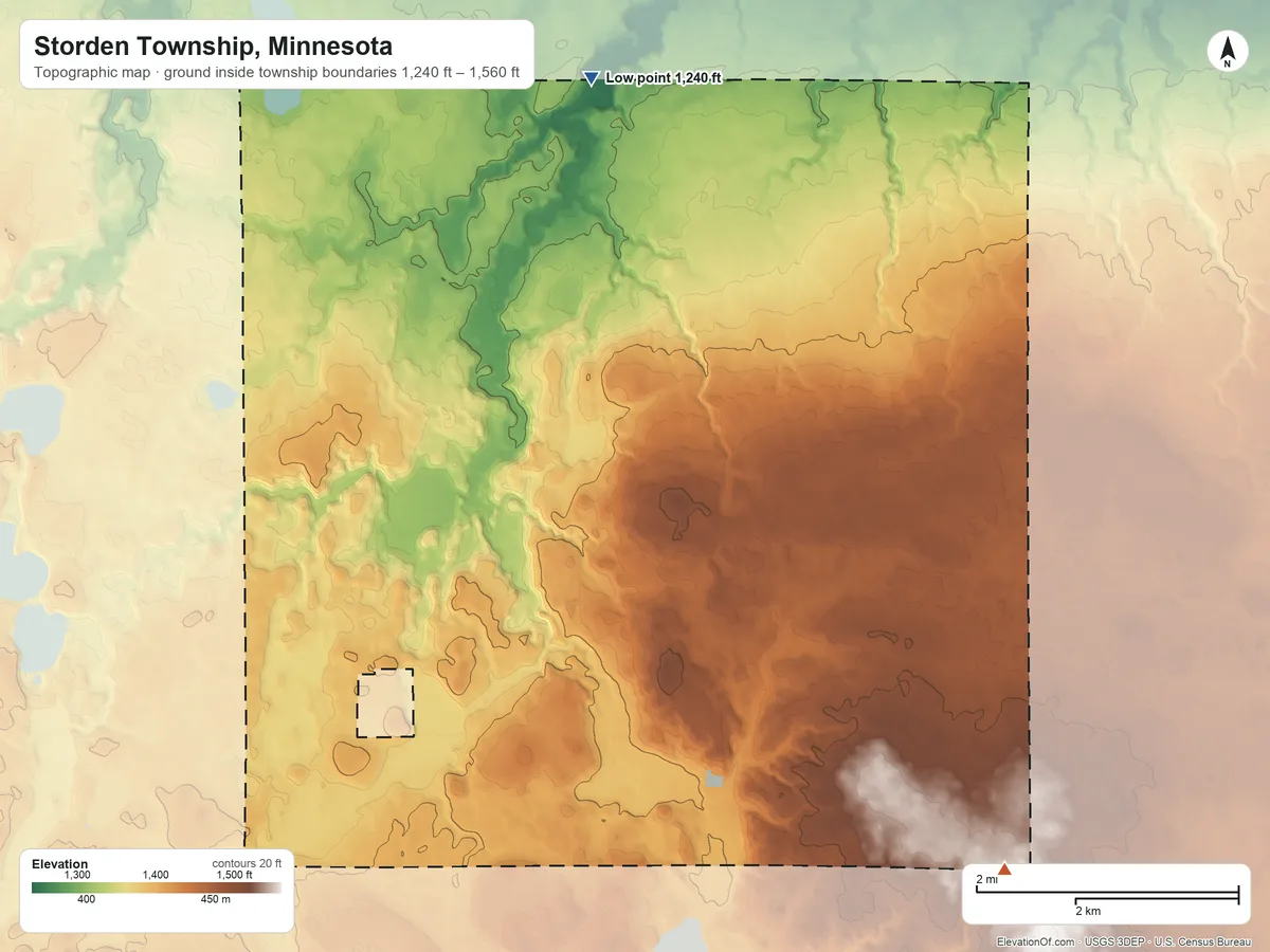 Topographic elevation map of Storden Township, Minnesota, shaded from 1,240 ft on the north side to 1,560 ft on the southeast side