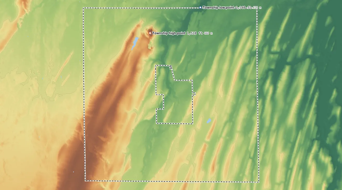 Topographic elevation map of Stowe Prairie Township, Minnesota, shaded from 1,340 ft on the north side to 1,513 ft on Mount Nebo