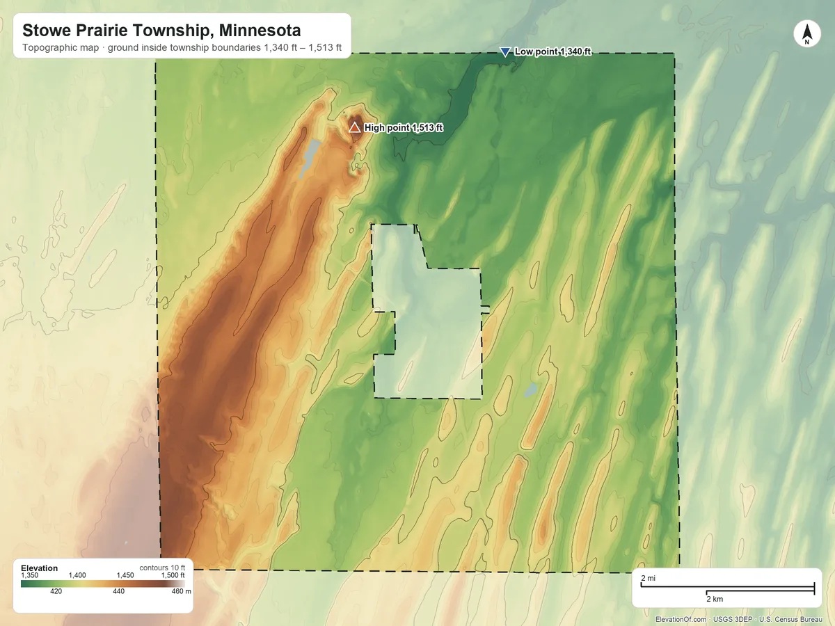 Topographic elevation map of Stowe Prairie Township, Minnesota, shaded from 1,340 ft on the north side to 1,513 ft on Mount Nebo