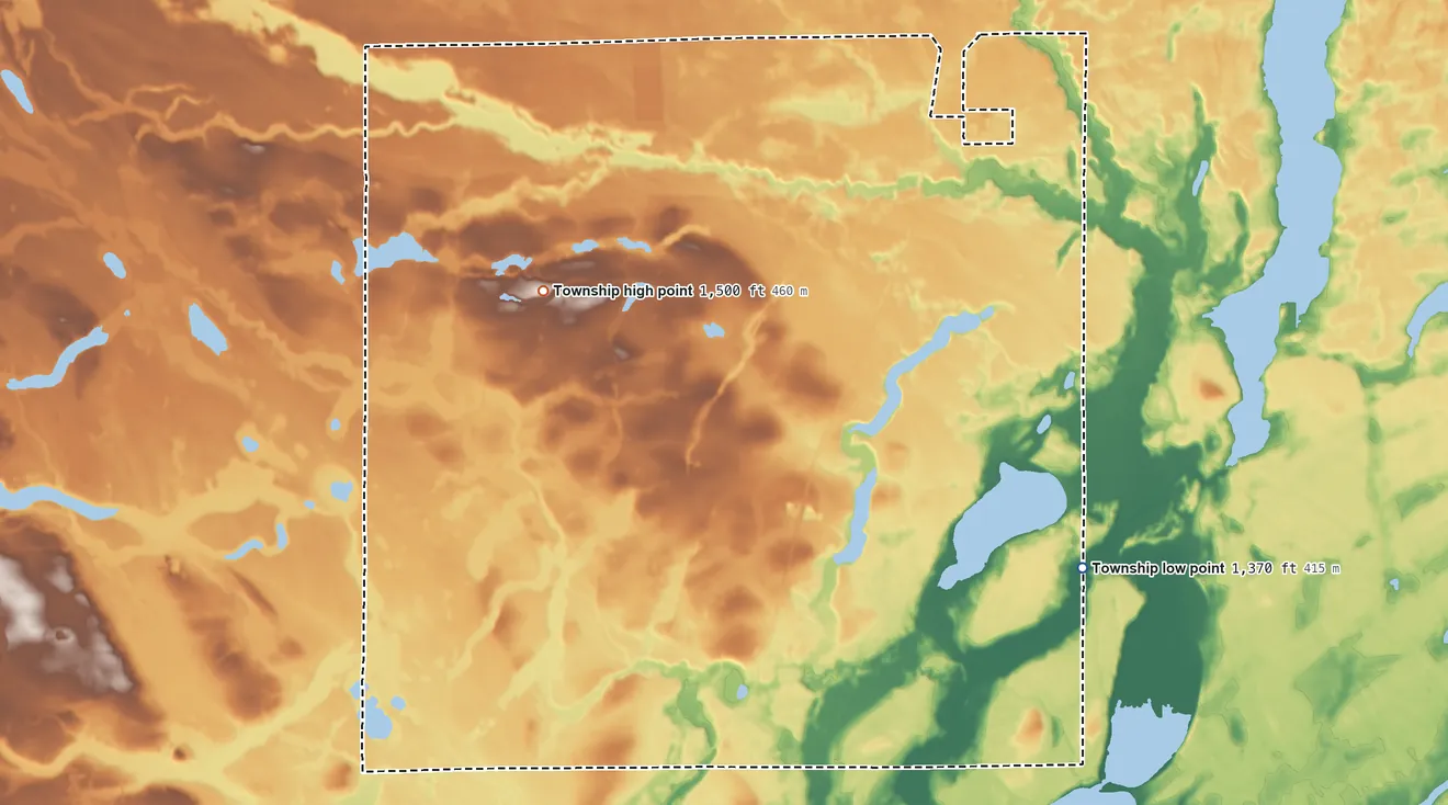 Topographic elevation map of Straight River Township, Minnesota, shaded from 1,370 ft on the southeast side to 1,500 ft on the west side